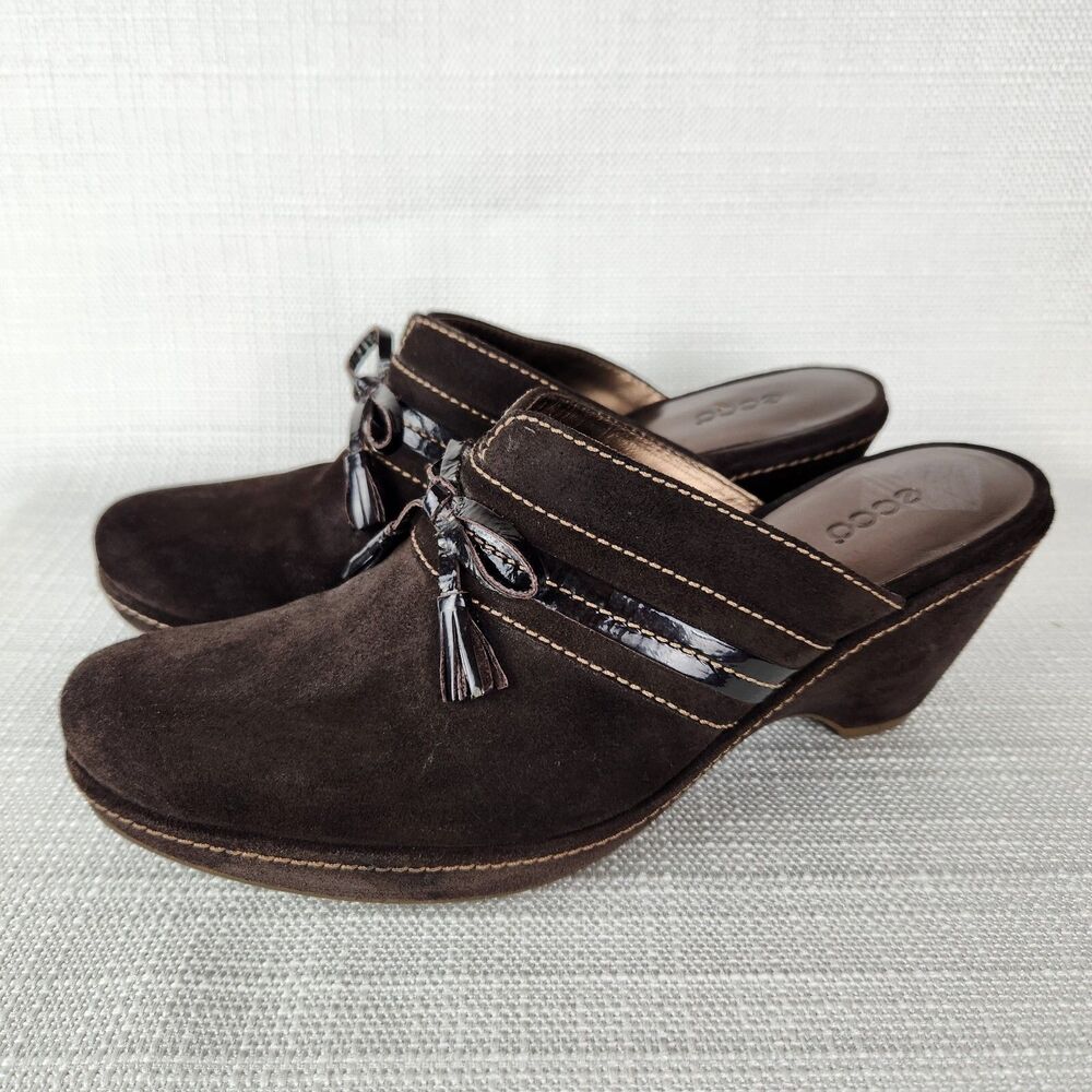 Ecco Shoes Women's 40 US 9-9.5 Beja Tassel Mules Clogs Suede Leather Dark Brown